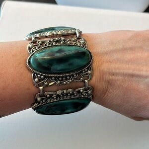 Statement vintage 70s chunky silver tone panel bracelet large green blue marbled